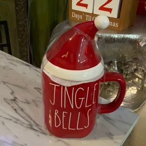 New Rae Dunn Jingle Bells Mug with Santa Hat Topper